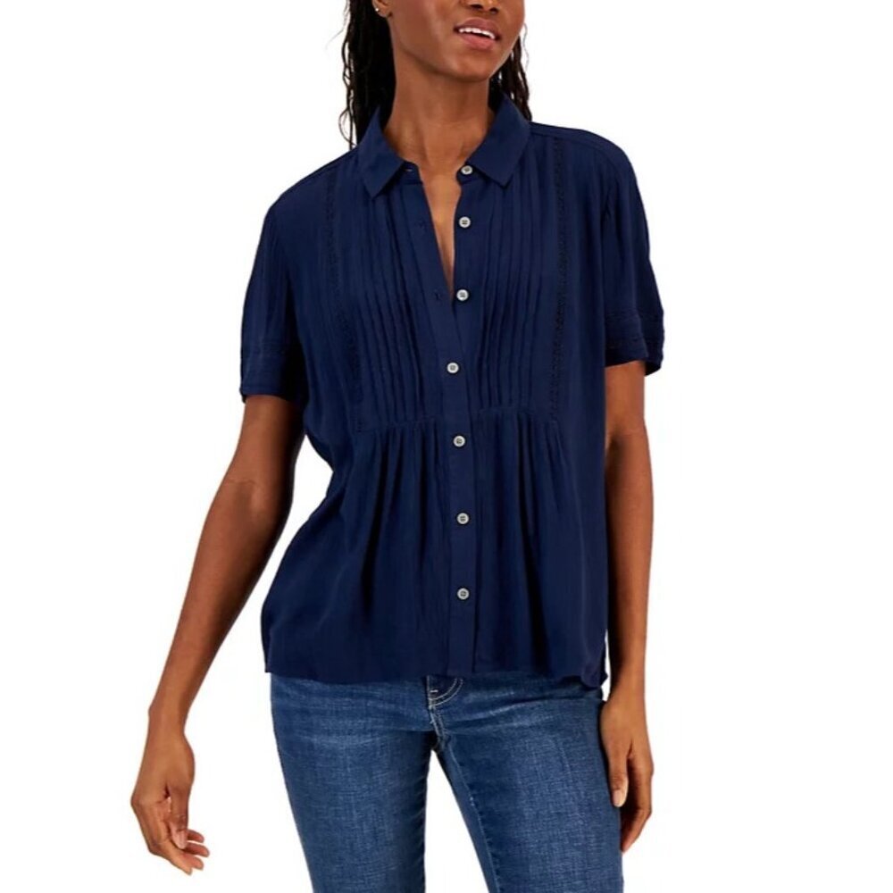 Style & Co Womens Petite PM Medium Pintuck Short-Sleeve Button-Front Shirt 960